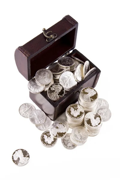 Gehäuse und Silbermünzen — Stockfoto