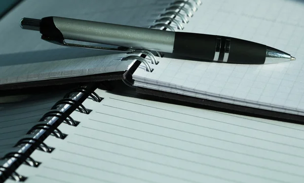 Ручка лежит на открытом ноутбуке — стоковое фото