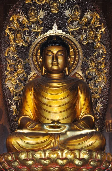The golden Sakyamuni statue in an ancient temple. — Stock Photo, Image