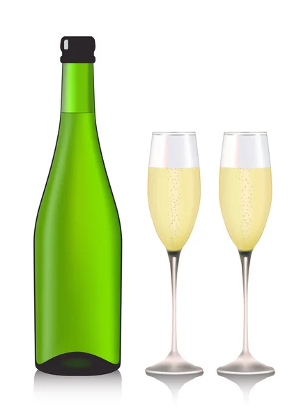 Botella de champán y copas — Vector de stock