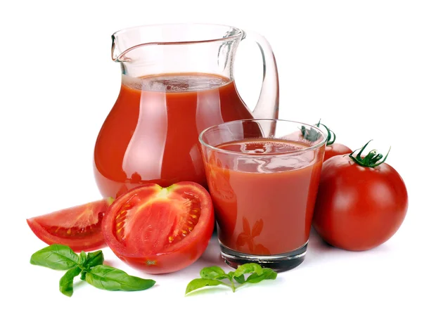 水差し、グラスのトマト ジュースや果物 — ストック写真