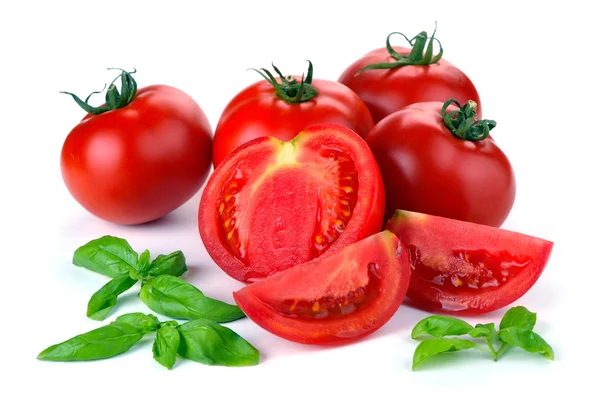 Red tomatoes with basil — Stock Photo, Image