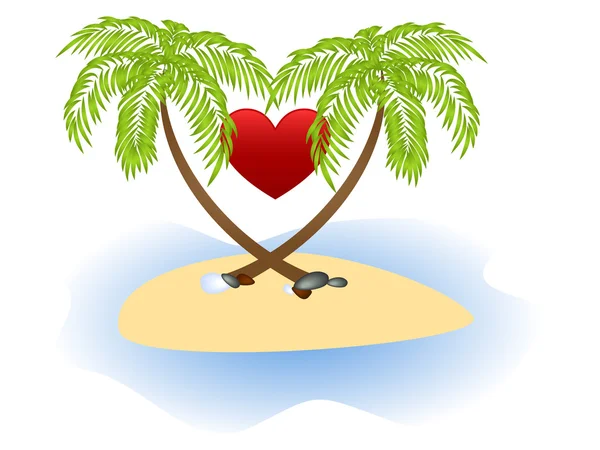 Två palmer och rött hjärta — Stock vektor