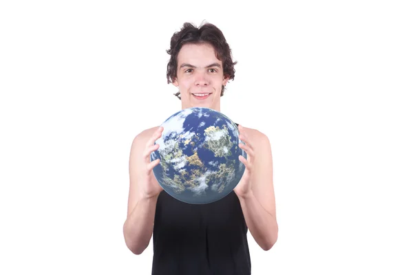Мальчик держит Землю — стоковое фото