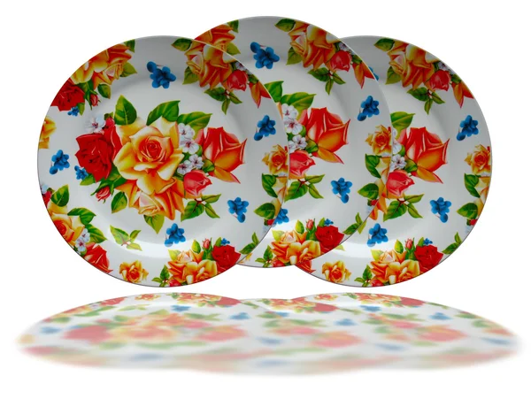 白い背景の上の明るい花の飾られたお皿プレート — ストック写真