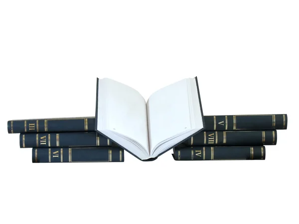 Pile of books and opened one isolated on white background — Stock Photo, Image