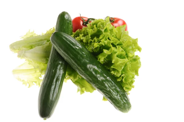 Grüner Salat, Tomaten und Gurken isoliert auf weißem Hintergrund — Stockfoto