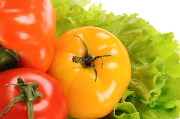 Yeşil salata ve domates izole beyaz zemin üzerine — Stok fotoğraf