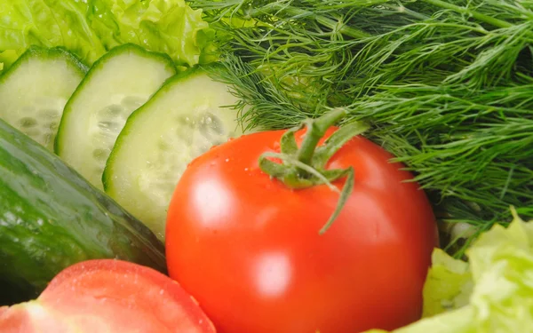 Zöld salátával és paradicsommal elszigetelt fehér background — Stock Fotó
