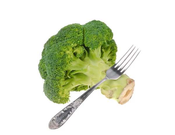 Brokkoli mit Gabel isoliert auf weiß — Stockfoto