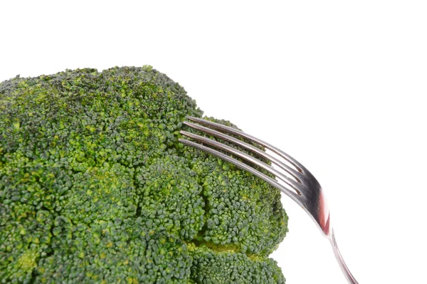 Broccoli with fork isolated on white — Stock Photo, Image