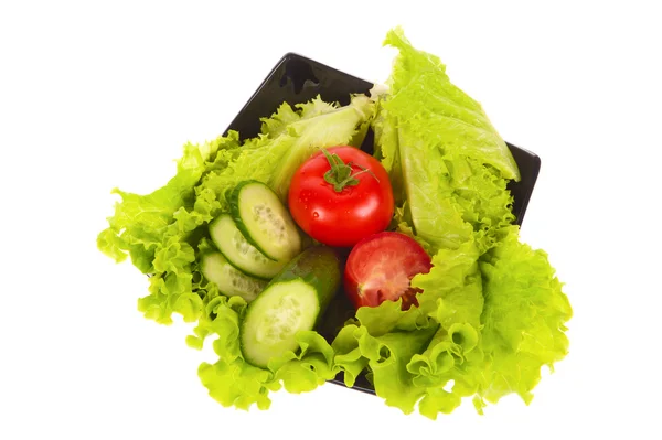 Salade verte, tomates et concombre isolés sur fond blanc — Photo
