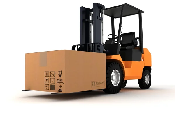 3d forklift and a big cardboard box — Stock Photo, Image