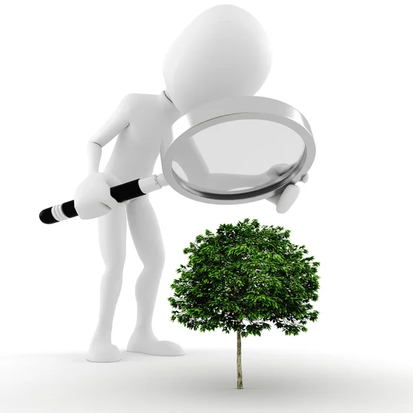 Człowiek 3D, szkło powiększające i małe drzewa - koncepcja — Zdjęcie stockowe