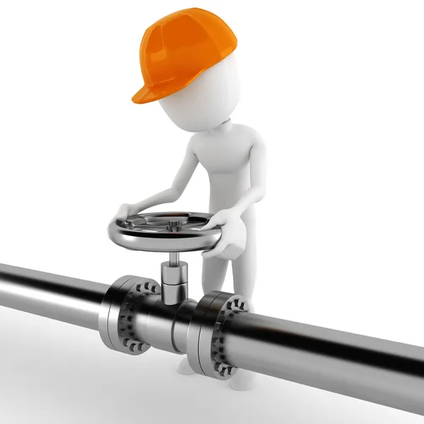 3d man worker and a shiny pipeline — Stock Photo, Image