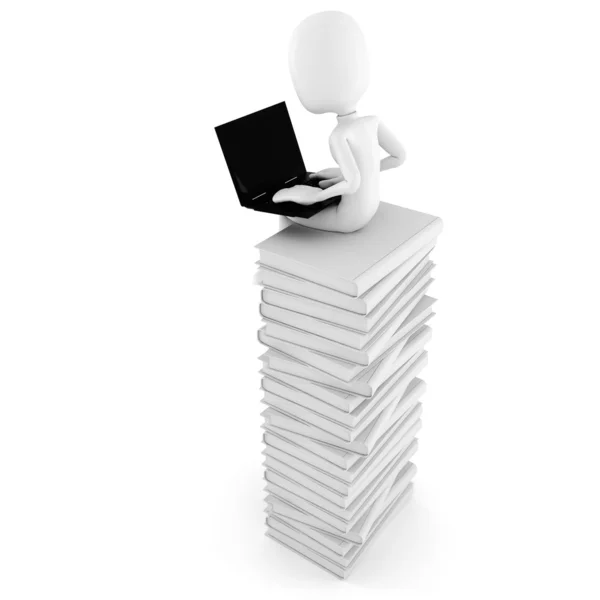 3d man sitting on a pile of books working at his lapop — Stock Photo, Image