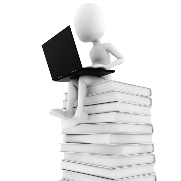 3D-man zit op een stapel boeken werken bij zijn lapop — Stockfoto