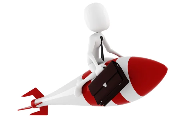 3D człowiek jazda rakiety, biały — Zdjęcie stockowe