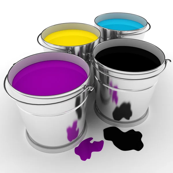 3d baldes de pintura no fundo branco — Fotografia de Stock
