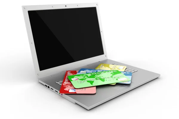 3D laptop a kreditní karty, koncept e komerce — Stock fotografie