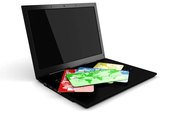 Ordinateur portable 3d et carte de crédit, concept de commerce électronique — Photo