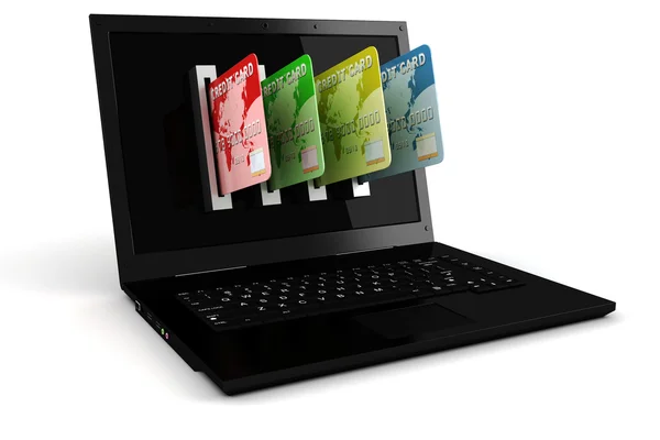 3D dizüstü bilgisayar ve e-ticaret kavramı, kredi kartı — Stok fotoğraf