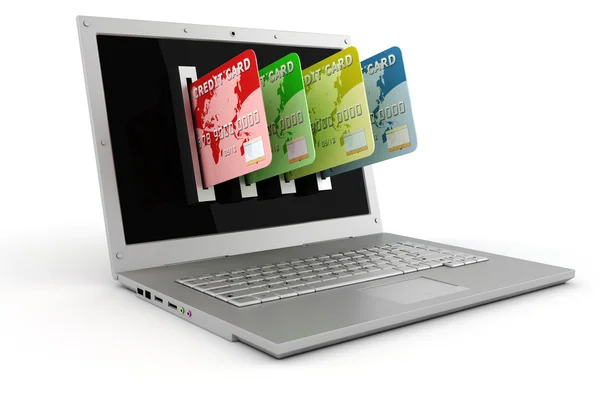 3D laptop a kreditní karty, koncept e komerce — Stock fotografie