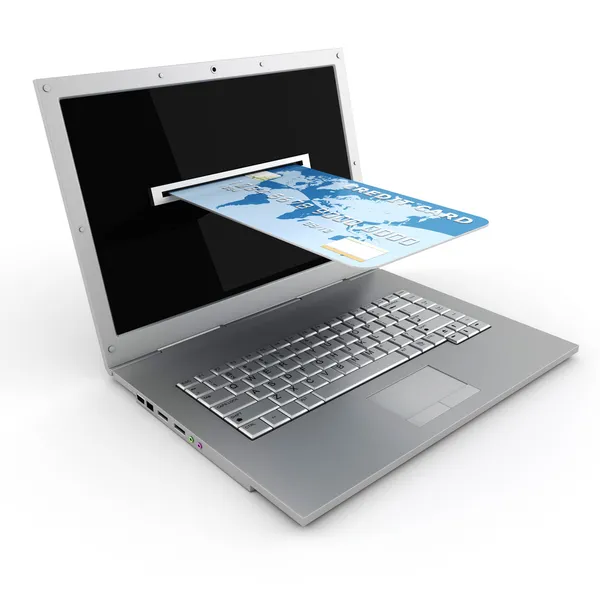 3D-Laptop und Kreditkarte, E-Commerce-Konzept — Stockfoto
