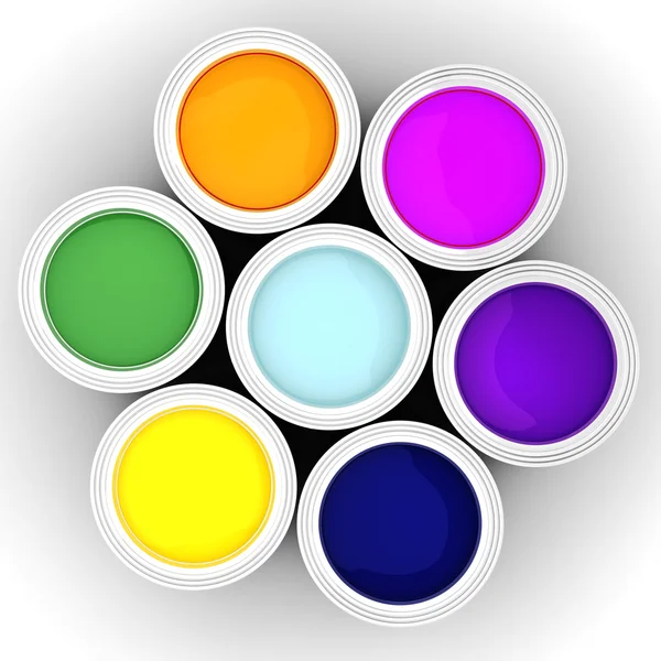 3d colorful paint buckets on white background — Stock Photo, Image
