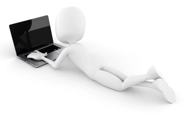 3D adam ve beyaz arka plan üzerinde izole laptop — Stok fotoğraf