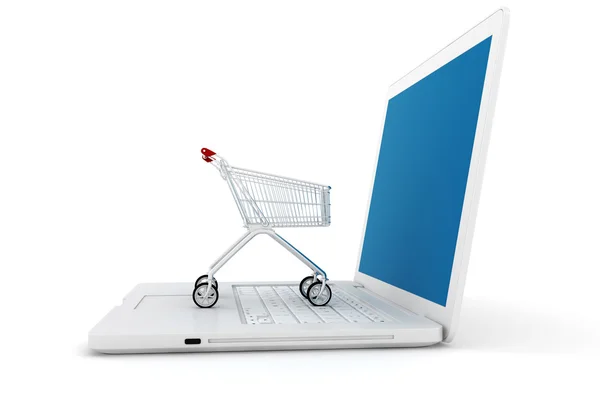 3d hombre y portátil de compras en línea, en el fondo blanco — Foto de Stock