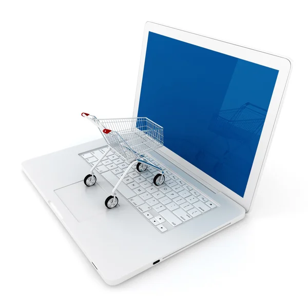 3d homem e laptop compras on-line, no fundo branco — Fotografia de Stock