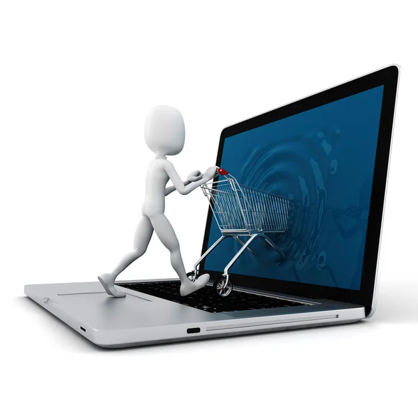 Człowiek 3D i laptopa online zakupy, na biały backgroundv — Zdjęcie stockowe