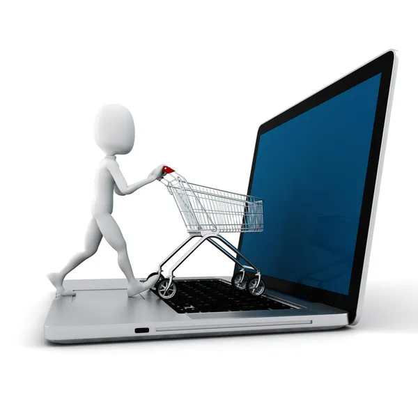 3d hombre y portátil de compras en línea, en el fondo blanco — Foto de Stock
