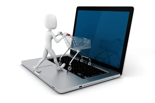 3d чоловік і ноутбук онлайн покупки, на білому тлі — стокове фото