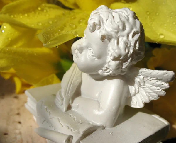 Figurka anděl a žlutého narcisu květin — Stock fotografie