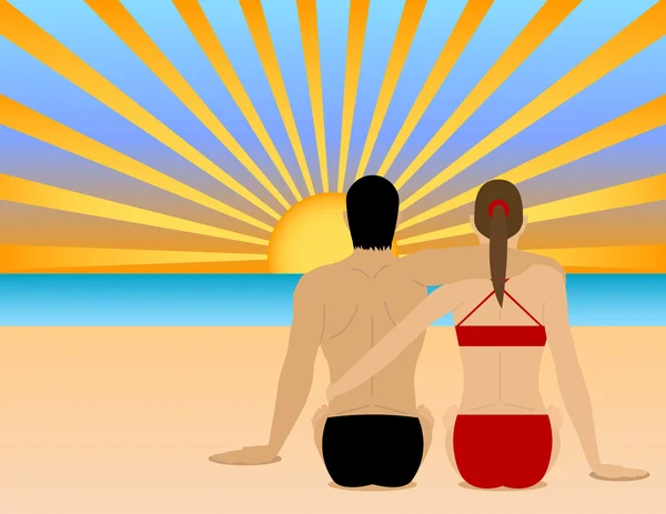Ένα ζευγάρι που βλέποντας το ηλιοβασίλεμα στην παραλία — Διανυσματικό Αρχείο