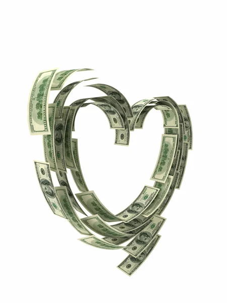 Valentine forme de coeur faite par des dollars isolés — Photo