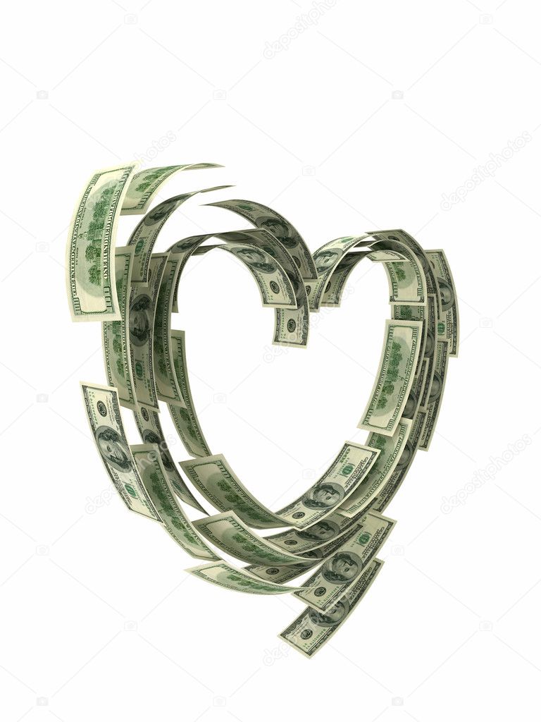 Valentine heart shape made by dollars isolated