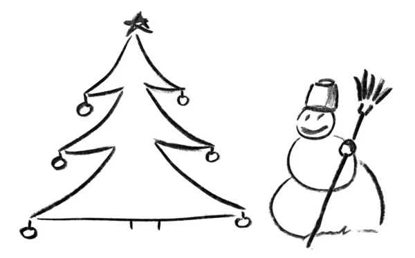 Bleistift-Skizze von Weihnachtsbaum und Schneemann — Stockfoto