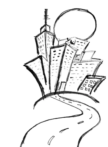 Pencil sketch of city buildings