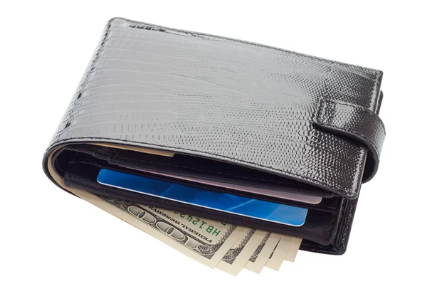 卡和钱的黑色皮革钱包 — 图库照片