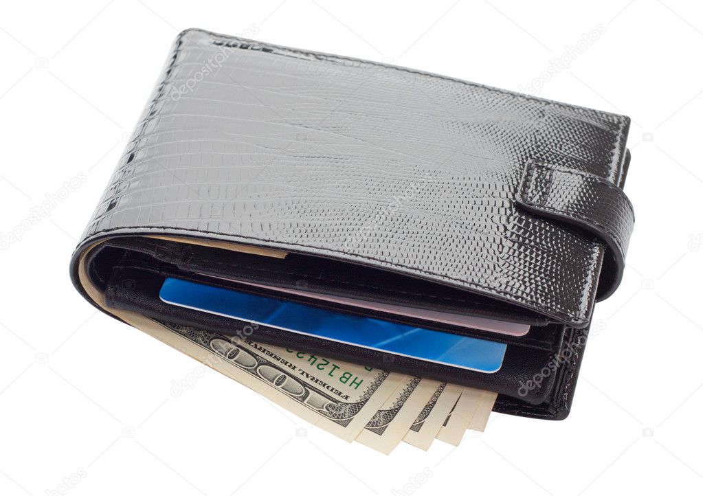 Black leather wallet with cards and money
