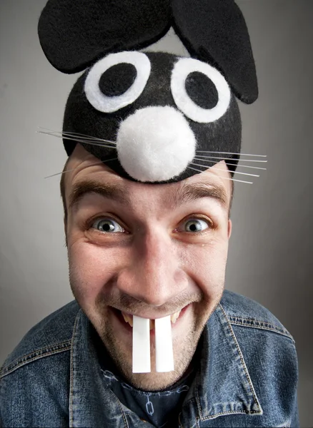 Funny man in rabbit hat — Stock Photo, Image