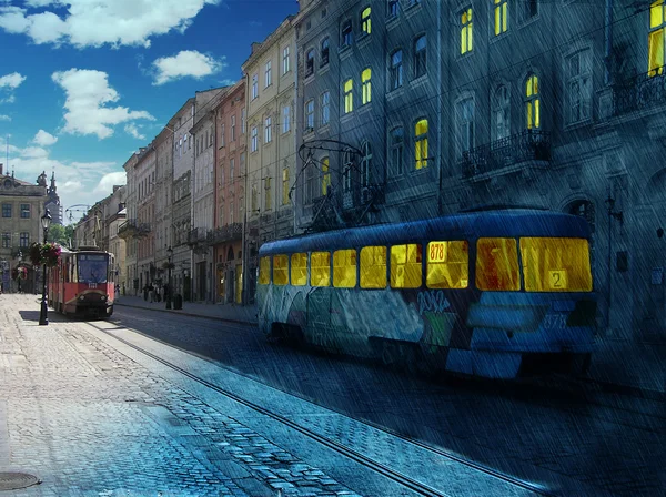 Dzień i noc scena starodawny miasta ulicy — Zdjęcie stockowe