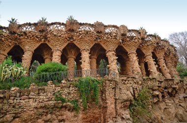 Arcade of stone columns in Park Guell, Barcelona