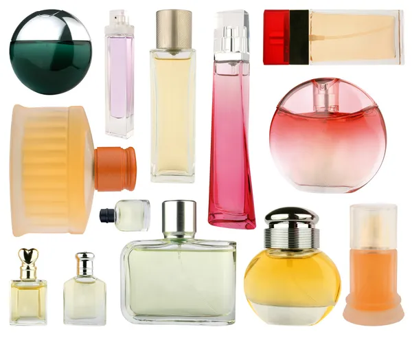 Kümesi üzerinde beyaz izole parfüm şişeleri — Stok fotoğraf