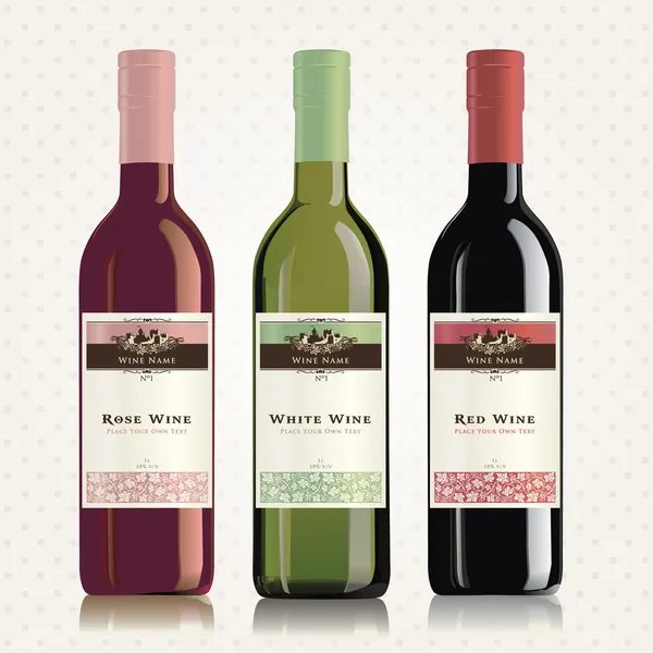 Červené, bílé a růžové víno popisky a láhve — Stockový vektor