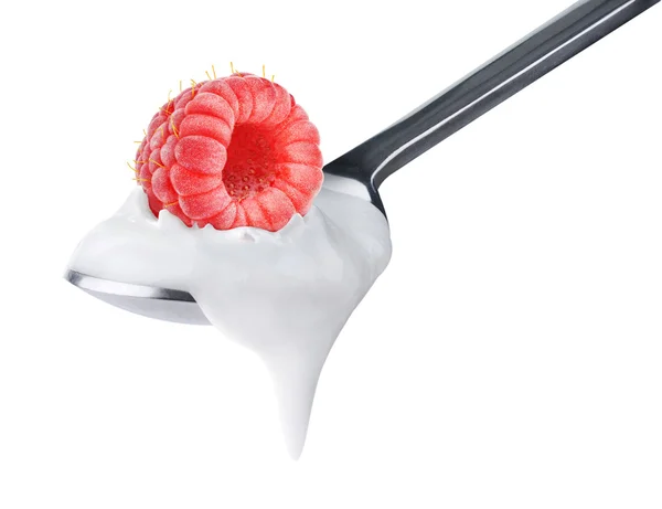Lepel van yoghurt met framboos bovenop — Stockfoto