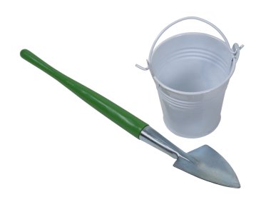 Shovel and White Metal Pail clipart